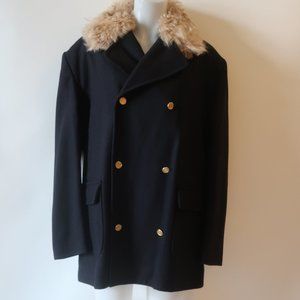 Mens Jose Levy Paris Black Beige Genuine Fur Collar Wool Blend Coat M *